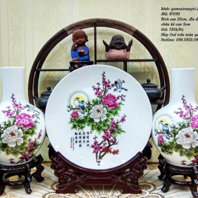 Bộ Bình Đĩa Chim Hoa Mẫu Đơn